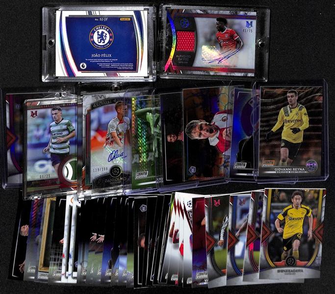 Lot of (37) 2022-23 UEFA Soccer Cards inc. Immaculate Joao Felix Signature Moves Booklet Autograph Patch (#/50), Museum Collection Alphonso Davies Autograph Patch (#/75), +